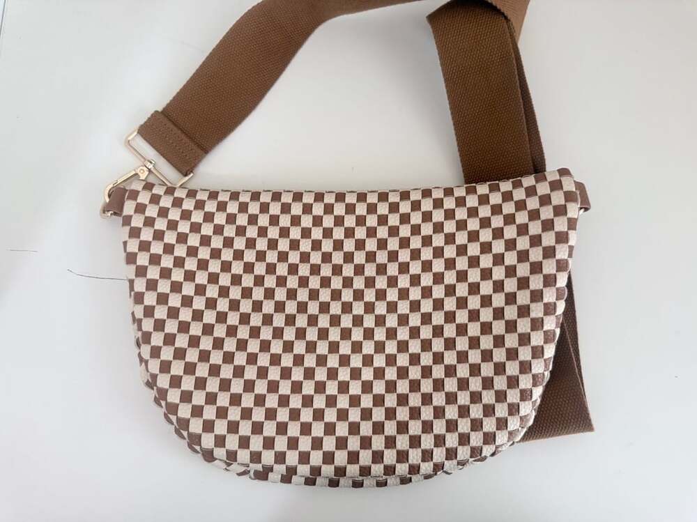 PS Checkered Woven Crossbody Bum Bag Brown and Cream - Picture 2 of 3